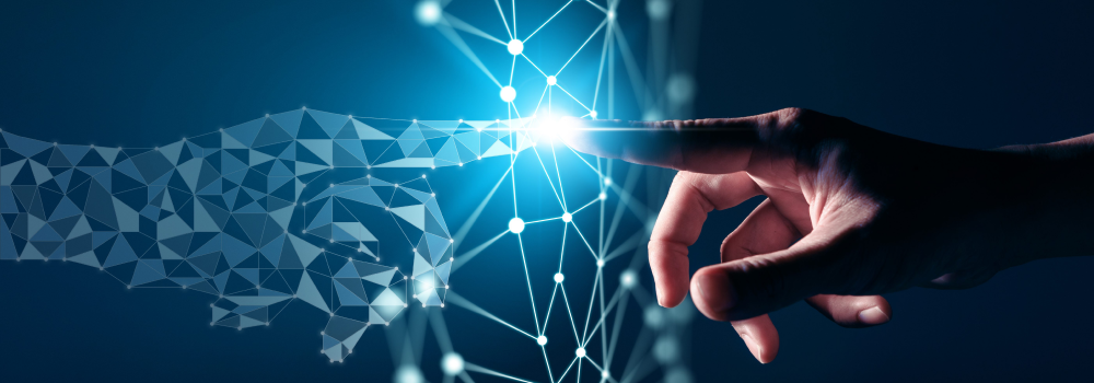 A human hand reaching out to touch a glowing digital hand made of connected nodes and lines, symbolizing the intersection of technology and human intelligence. The image represents artificial intelligence, software development, digital development, and innovation in technological advancement.